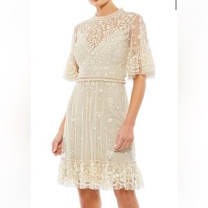 New Mac Duggal Embellished Illusion High Neck Mini Dress